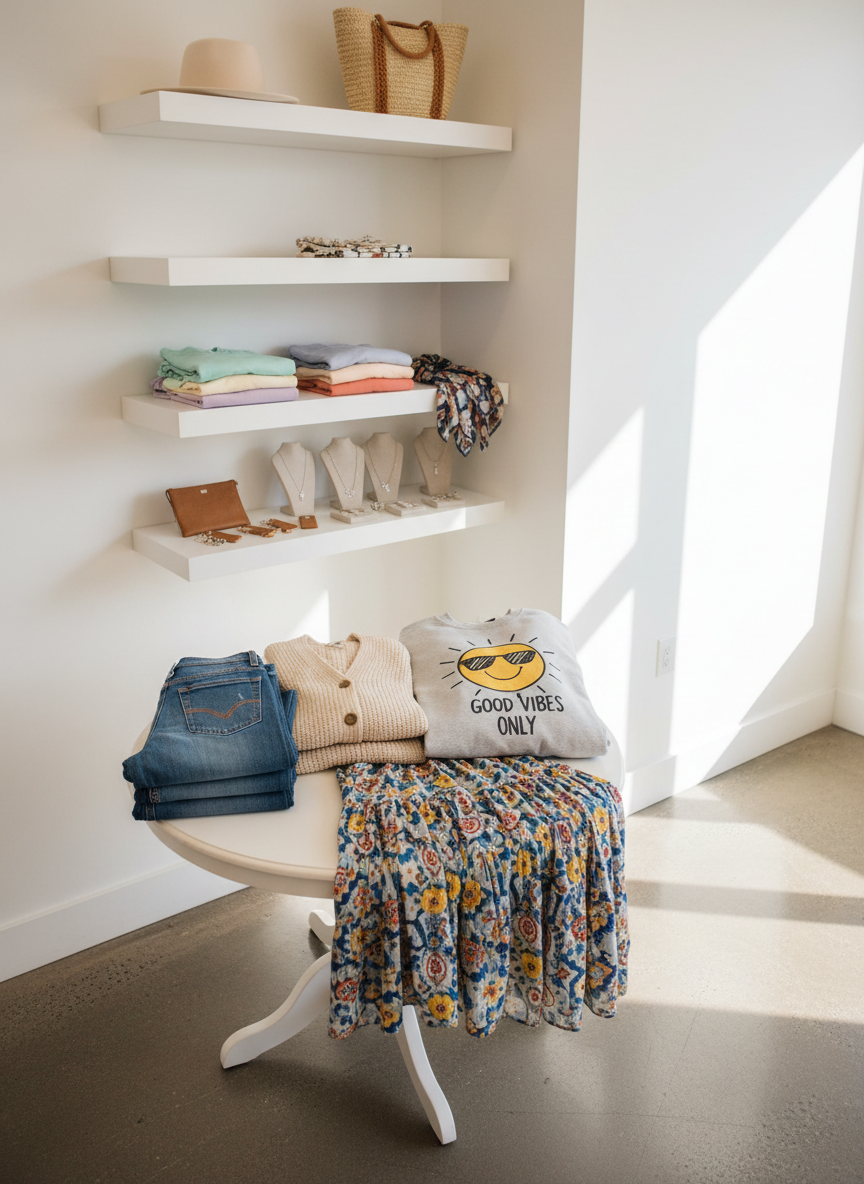 A cozy, light-filled boutique corner featuring a small white display table stacked with neatly folded clothing in varying sizes and styles, emphasizing variety. On the table, there are denim jeans with visible stitching, a soft oatmeal-colored cardigan, a bright patterned skirt, and a playful graphic sweatshirt. Behind the table, minimalist shelves display more garments and small accessories like hats and bags in coordinating colors. Natural daylight streams through an unseen window from the right, creating soft, elongated shadows and a bright, airy atmosphere. Shot from a slightly elevated angle in photographic realism, the composition uses the rule of thirds to balance the table and shelves. The scene feels friendly, playful, and organized, communicating that this boutique offers something delightful for every taste.
