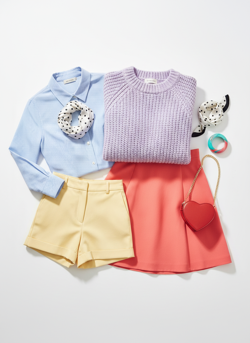 A playful flat lay of colorful women’s clothing arranged on a clean white studio backdrop in photographic realism. A pastel lilac knit sweater with visible soft texture is folded beside a bright coral A-line skirt, a sky-blue striped cotton blouse, and a pair of pale yellow tailored shorts. Around them, small accents like a polka-dot silk scarf, a chunky acrylic bracelet, and a tiny heart-shaped purse add charm. Soft, diffused studio lighting from above creates gentle shadows and subtle highlights on the fabrics. Shot from a bird’s-eye view with sharp focus throughout, the composition feels fun, modern, and inviting, conveying that there is something for everyone in this boutique.