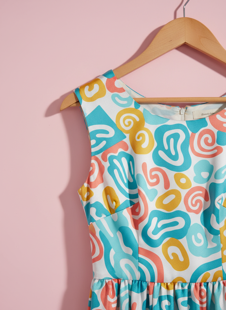 A close-up, photographic shot of a vibrant patterned dress hanging on a single wooden hanger against a pastel pink wall. The dress fabric features a playful mix of abstract shapes in teal, coral, mustard yellow, and white, with a slight sheen that catches the light. The wooden hanger has a smooth, natural finish that contrasts gently with the bold pattern. Soft studio lighting from the left creates subtle shadows along the folds of the dress, emphasizing its flow and texture. The background is clean and uncluttered, with a shallow depth of field keeping the dress in crisp focus. The mood is fun and modern, highlighting a statement piece that reflects the boutique’s playful personality and unique style offerings.