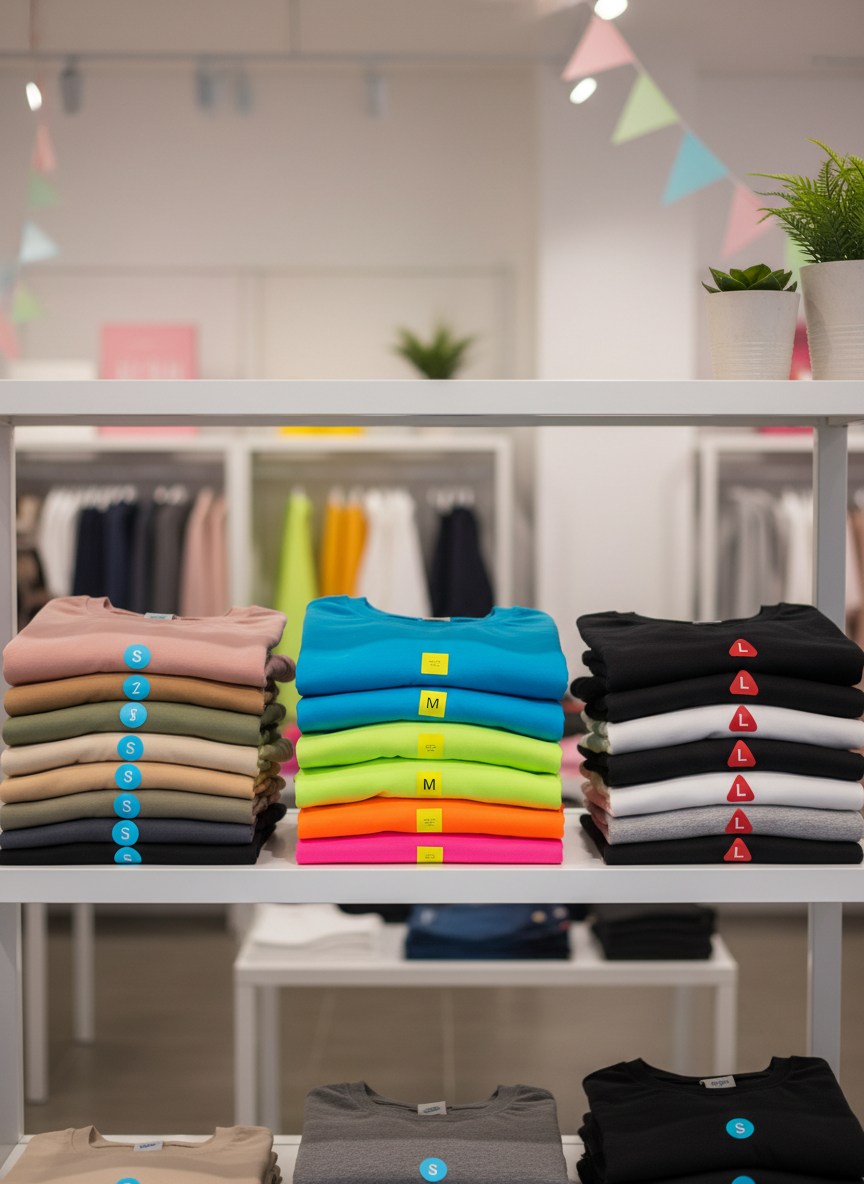A tidy shelf in a playful clothing boutique displaying neatly stacked piles of T-shirts and sweatshirts labeled by size with small, colorful tags. Each stack features a different palette: muted earth tones, bright neons, and classic monochrome, showcasing wide variety. The shelf itself is matte white with clean lines, contrasting with the vibrant fabrics. Soft, even studio lighting makes every color pop without harsh shadows. The camera captures the scene straight-on at eye level, emphasizing organization and accessibility. In the softly blurred background, hints of hanging garments and decorative elements in pastel colors appear. The overall mood is friendly, modern, and inclusive, visually expressing that there is truly something for everyone on these shelves.