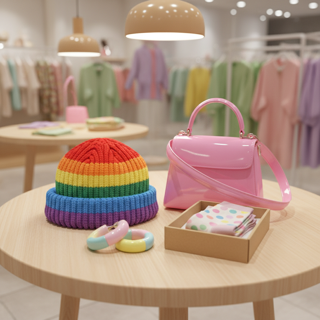 A whimsical display of accessories arranged on a round, pale wooden table in a boutique setting, captured in bright photographic realism. On the table lie a rainbow-striped knitted beanie, a pair of chunky, candy-colored resin earrings, a glossy patent leather mini handbag in bubblegum pink, and a pair of neatly folded patterned socks peeking out from a small box. The background shows blurred clothing racks in soft pastel tones, hinting at more items. Overhead warm pendant lighting creates cheerful highlights on the shiny surfaces and gentle shadows beneath each accessory. Shot from a slightly elevated angle with moderate depth of field, the composition feels playful and charming, reinforcing the idea that the shop is full of fun little finds for every style.
